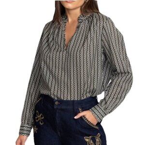 Johnny Was Calme Split Ruffled Neck Multi-Color Liya Blouse Woman's Sz L NWT